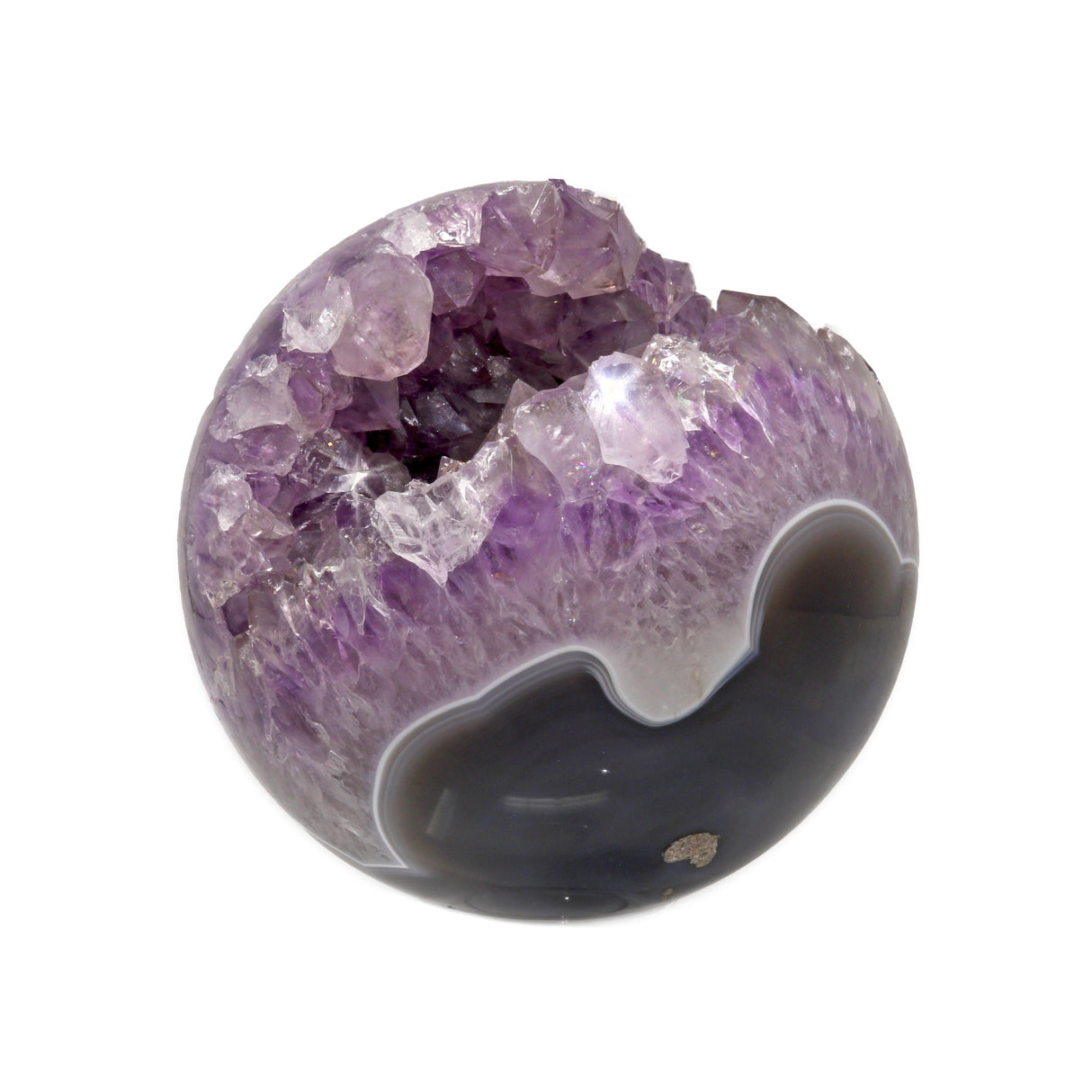 Amethyst Geode Sphere with Crystal Crevasse & Deep Blue Agate on Lucite Ring Stand