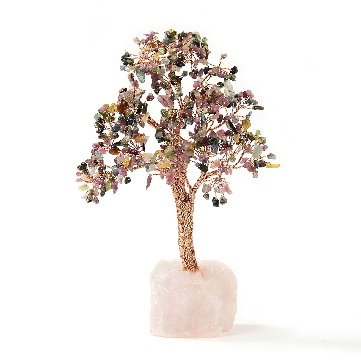 Multi Tourmaline Copper Wire Beaded Tree of Life on Rose Quartz Base