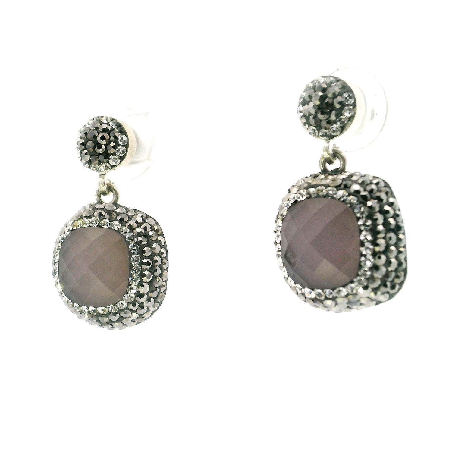 Rose Quartz Dangle Earrings - Faceted Rounded Square with Marcasite & Silver Swarovski Crystals in 925 Sterling Silver