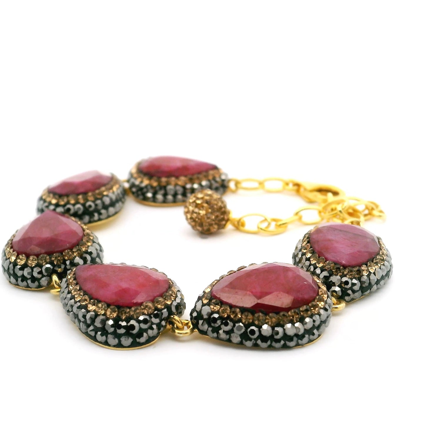 Ruby Link Bracelet - 6 Pear Links Surrounded by Marcasite & Gold Swarovski Crystals with Gold Vermeil over 925 Sterling Silver