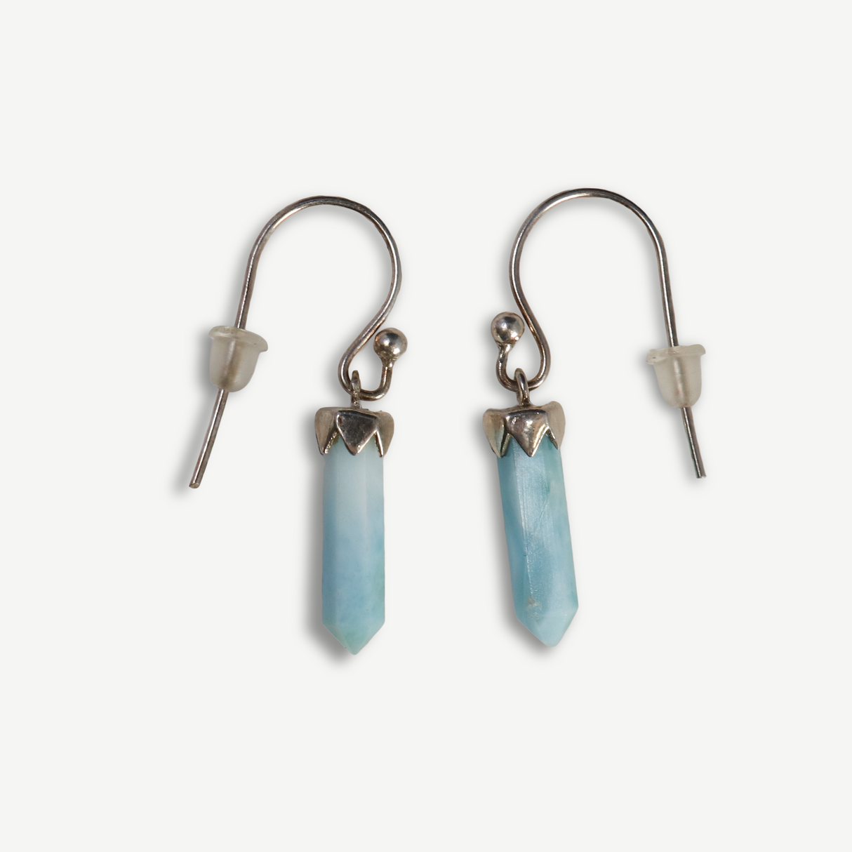 View of Larimar Dangle Earrings - Single Laser Point With 925 Sterling Silver Scalloped Lantern Top Bezel