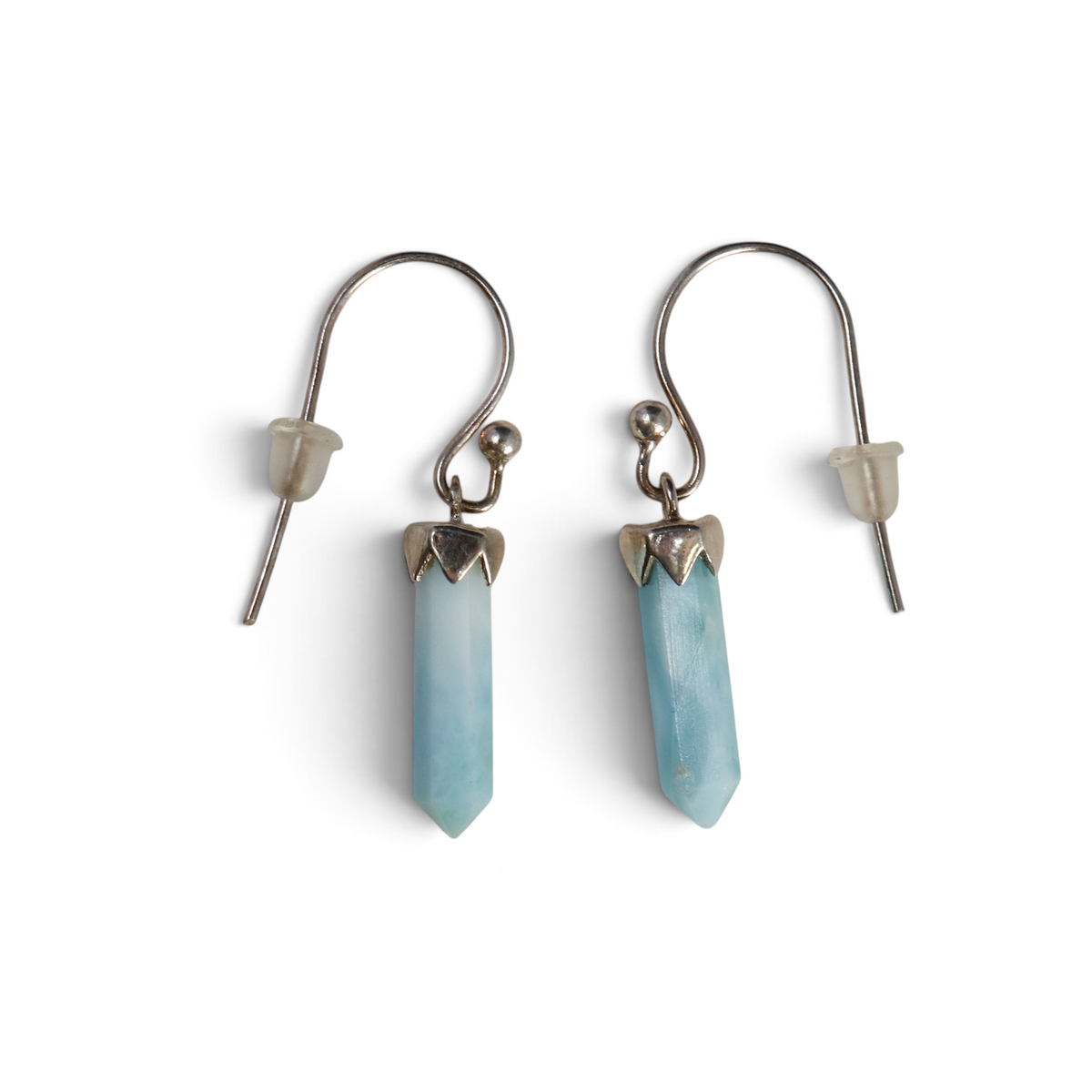 View of Larimar Dangle Earrings - Single Laser Point With 925 Sterling Silver Scalloped Lantern Top Bezel