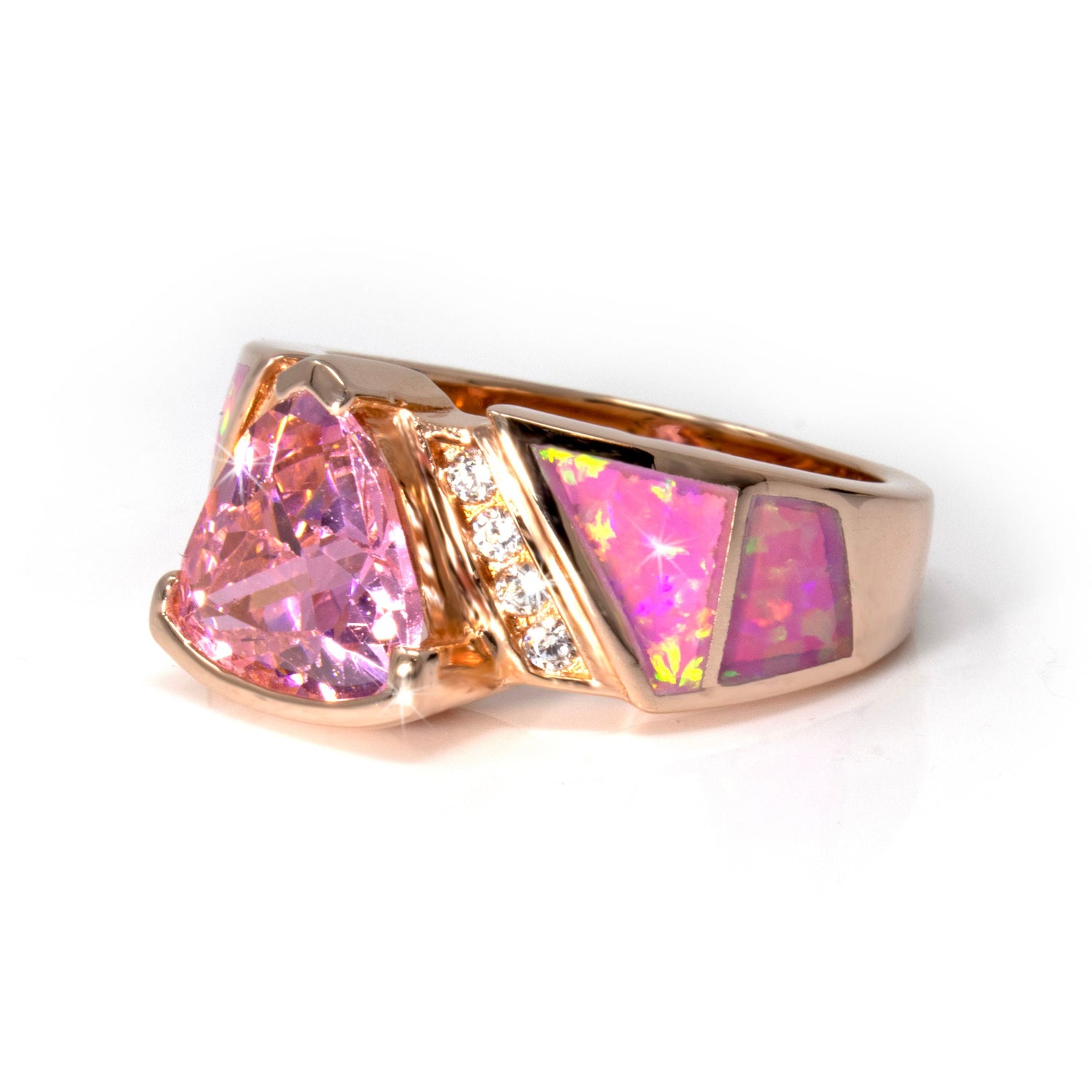 Pink Opal Ring with Rose Gold Overlay - Inlaid Top Band with Pink Cz Trillion Set in Raised Sterling Silver Half Bezel & 2 White Cz Trios on Side