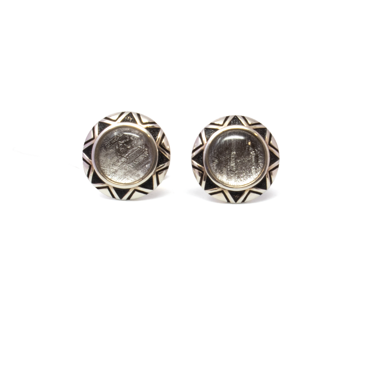View of Muonionalusta Meteorite Cufflinks - Round With Crystal And Tribal Bezel