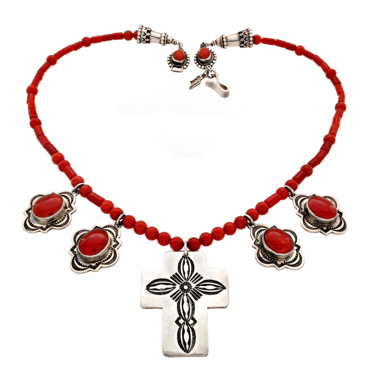 Coral Beaded Necklace - Silver Stamped Cross with 4 Oval Cabochons with Ornate Stamped Bezel Edges