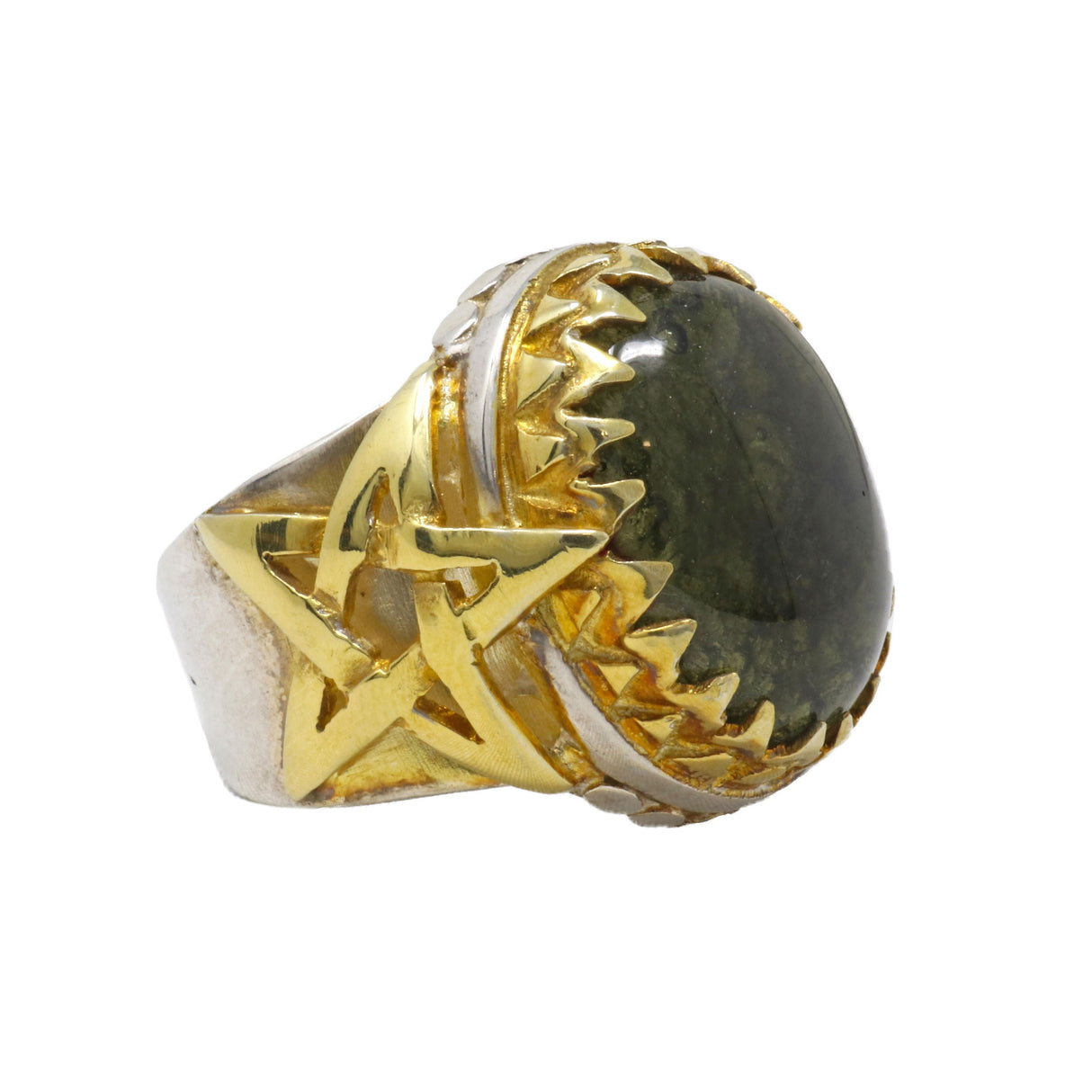 Moldavite Ring Size 9 -Cabochon in Star Band with 22k Overlay