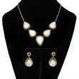 View of Natural White Druze Set (Necklace; Earrings; Ring) 5 Classic Pears With Marcasite & Silver Crystals With Single Pear Earrings & Double Band Ring Szadj