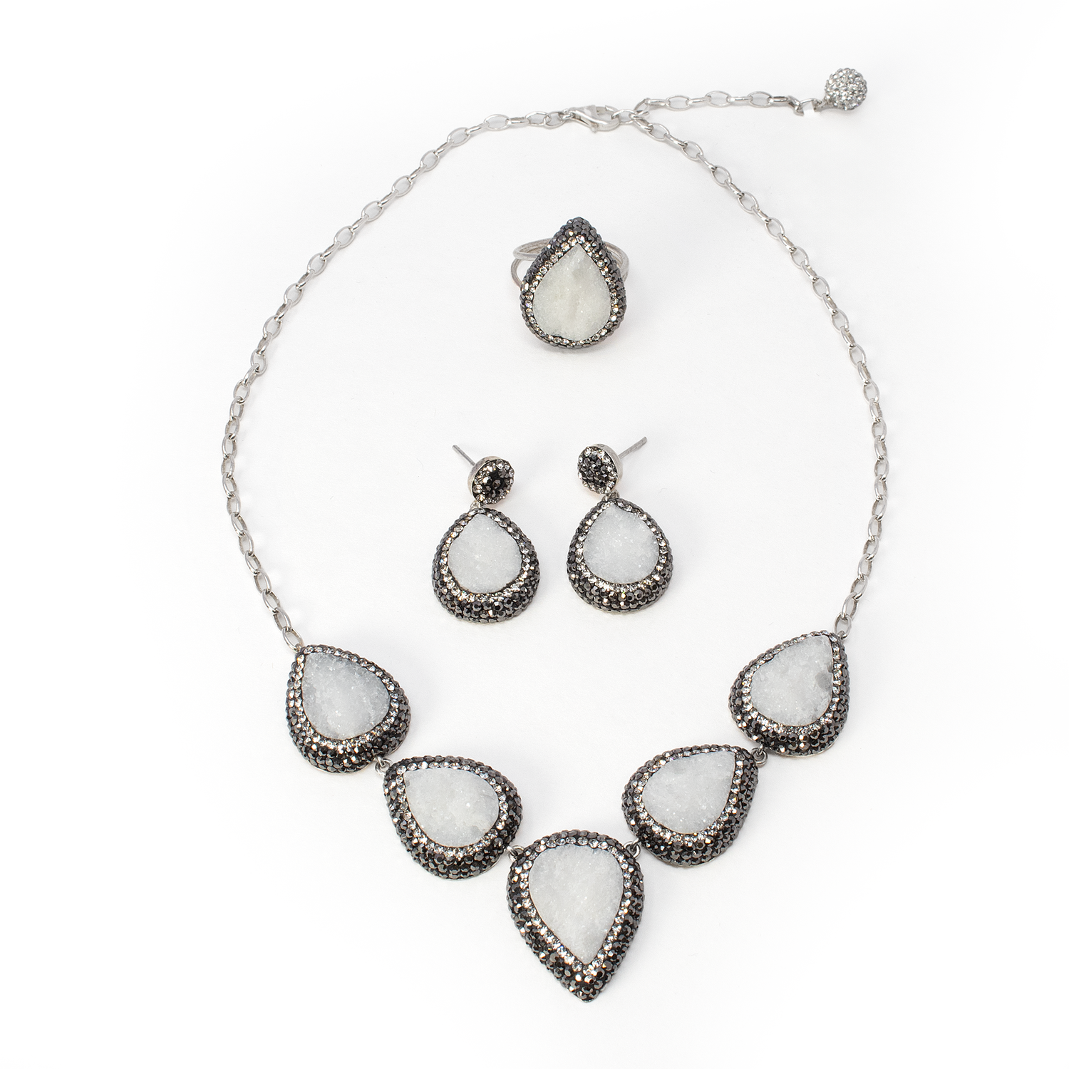 Natural White Druze Set (Necklace; Earrings; Ring) 5 Classic Pears With Marcasite & Silver Crystals With Single Pear Earrings & Double Band Ring Szadj