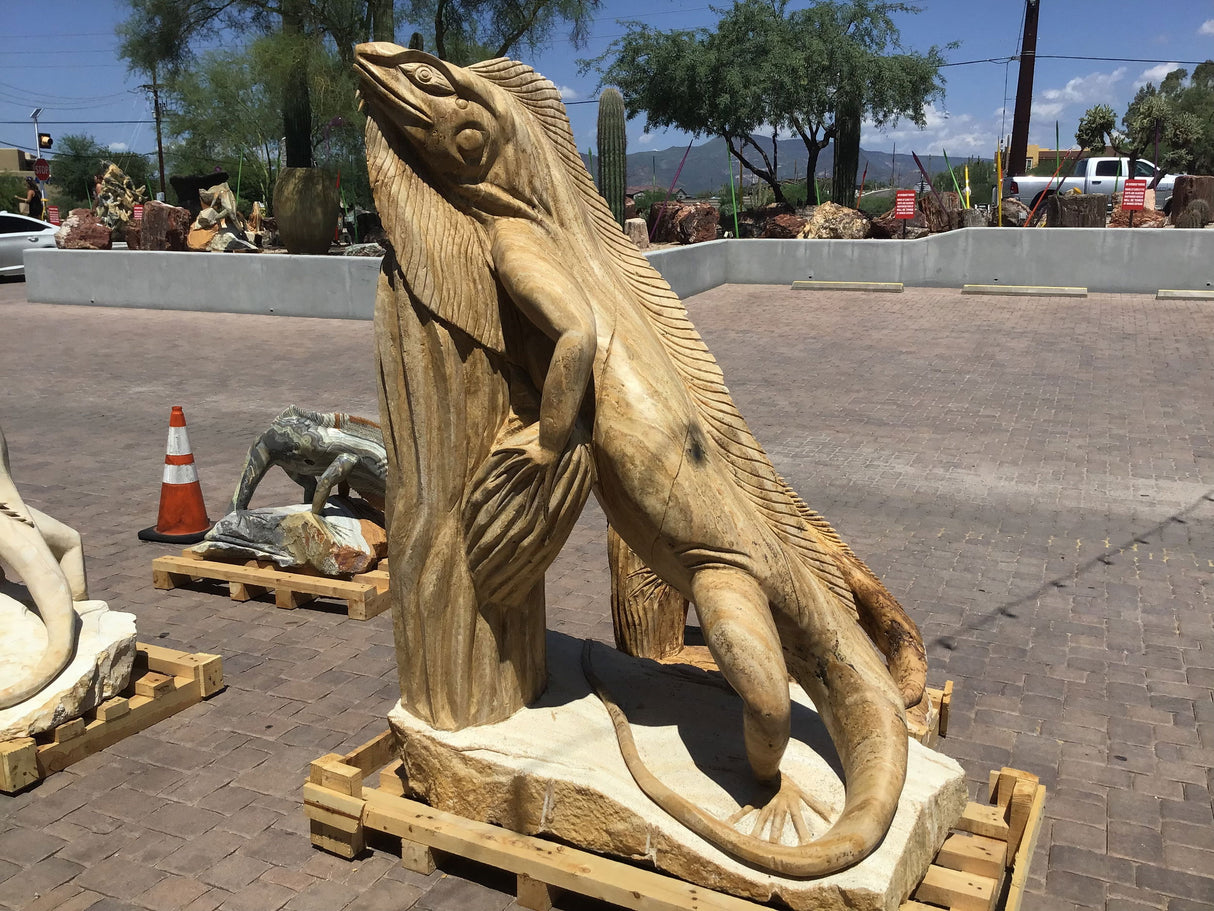 View of Travertine Iguana On Cactus Carving - Large