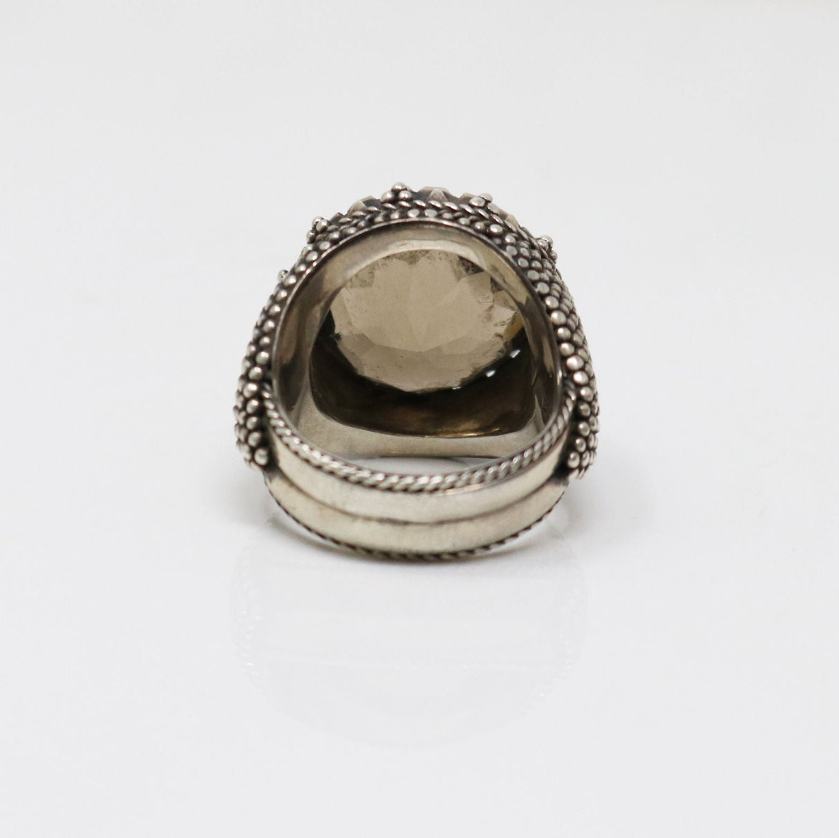 Smoky Quartz Ring - Faceted Round on Bead Textured Band Sz9