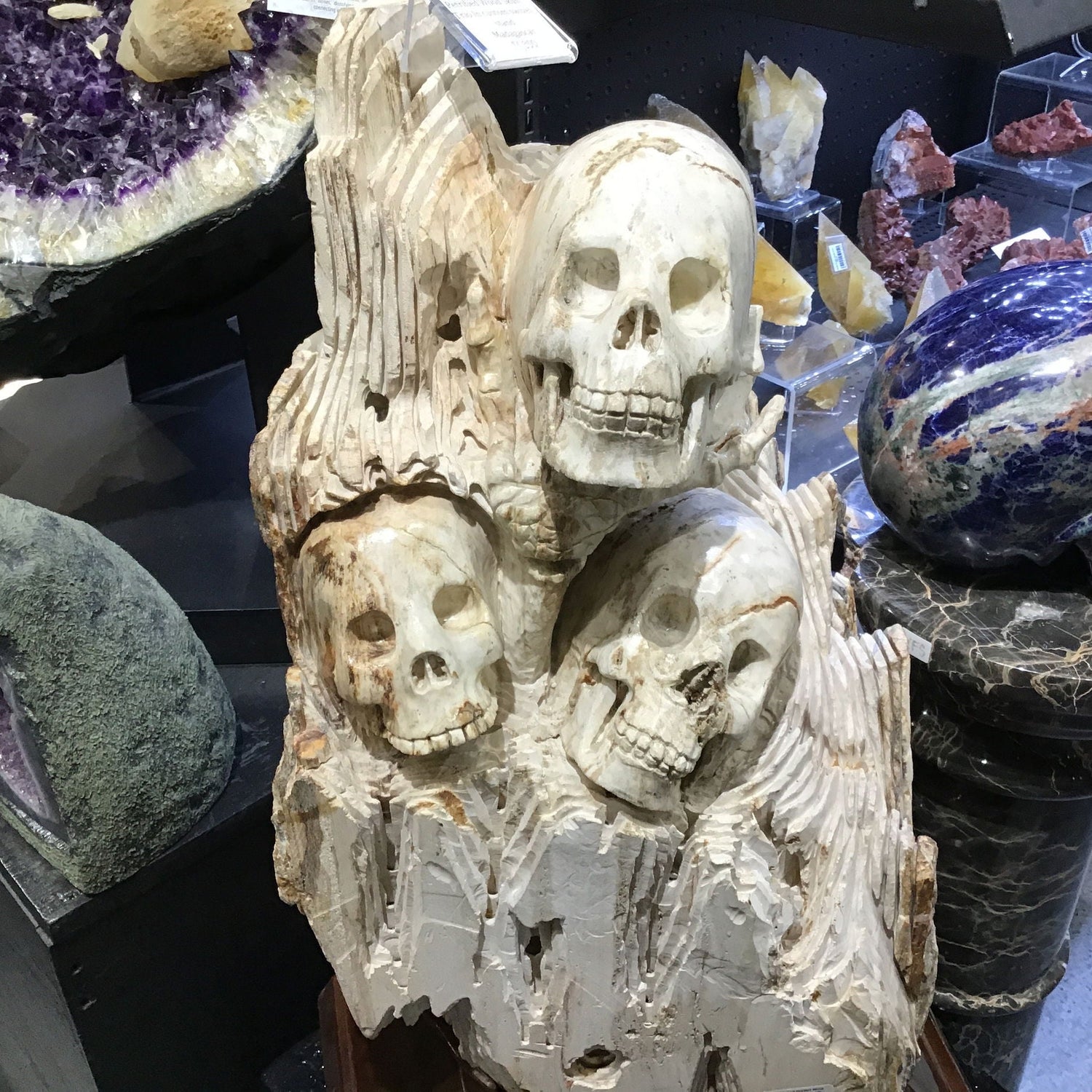 Hand-Carved Petrified Wood Skull Trio In Custom Swivel Base