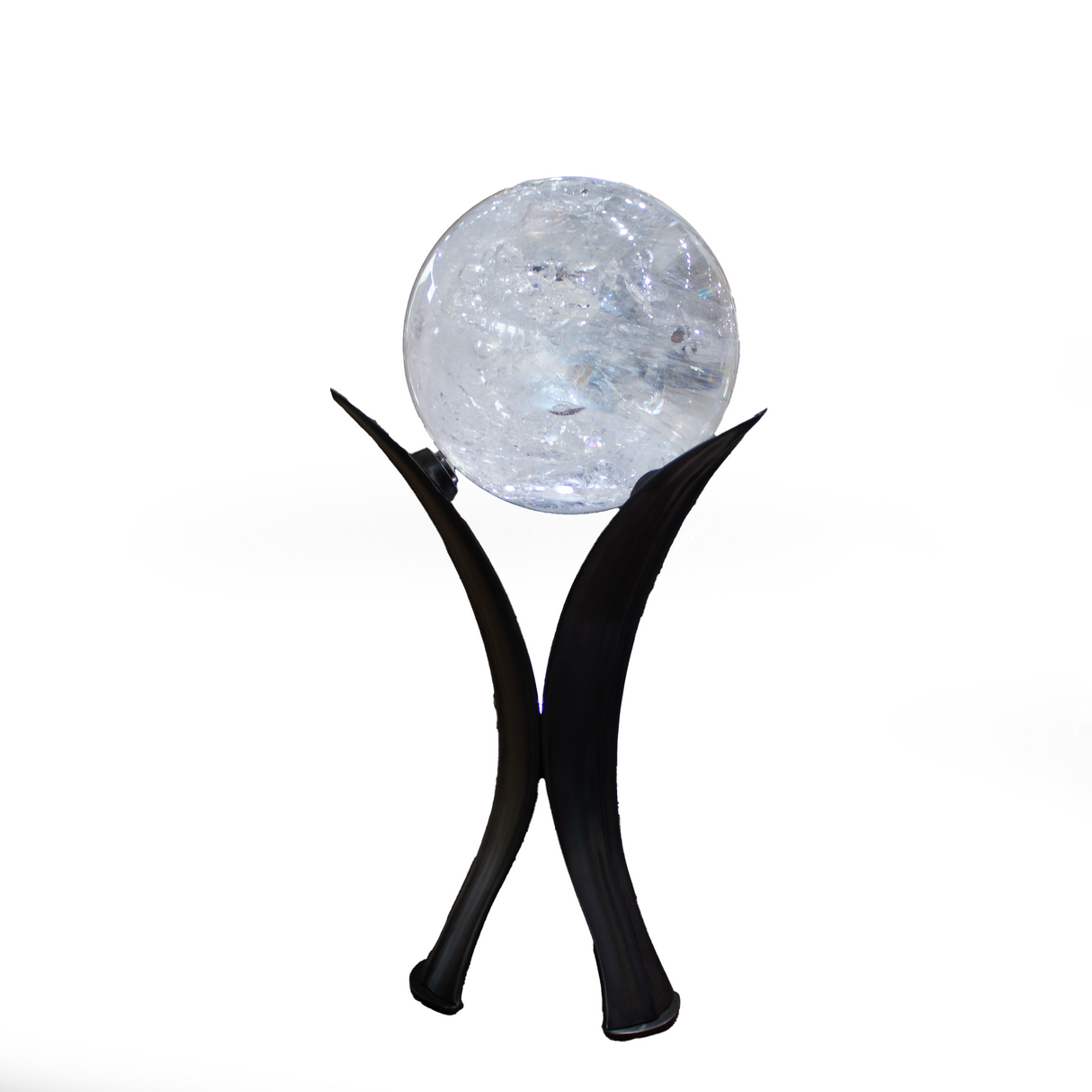 A++ Clear Quartz Sphere on Illuminated Stand with Tri-Leaf Design and Roller Ball Feature
