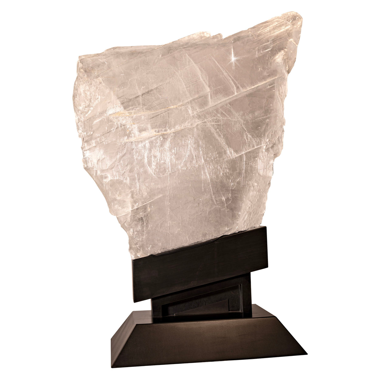 View of Selenite Crystal Block Set in Custom Illuminated Stand