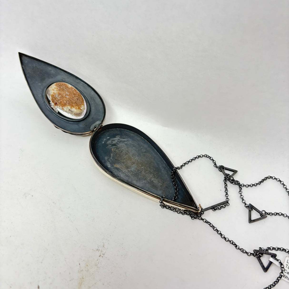 Lodolite Pendant With Toggle Chain - Large Oval Cabochon With Glittering White Inclusions Bezel Set In Avant-garde Flowing Silver Pear With Textured Layers - Opens Into Locket On Toggle Chain With 3 Length Options