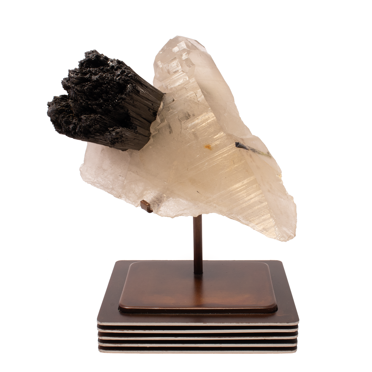 View of A++ Grade Green Tourmaline Crystal (Watermelon Tourmaline) Spray in Quartz Cluster Specimen In Custom Stand - Layered Square Round Design