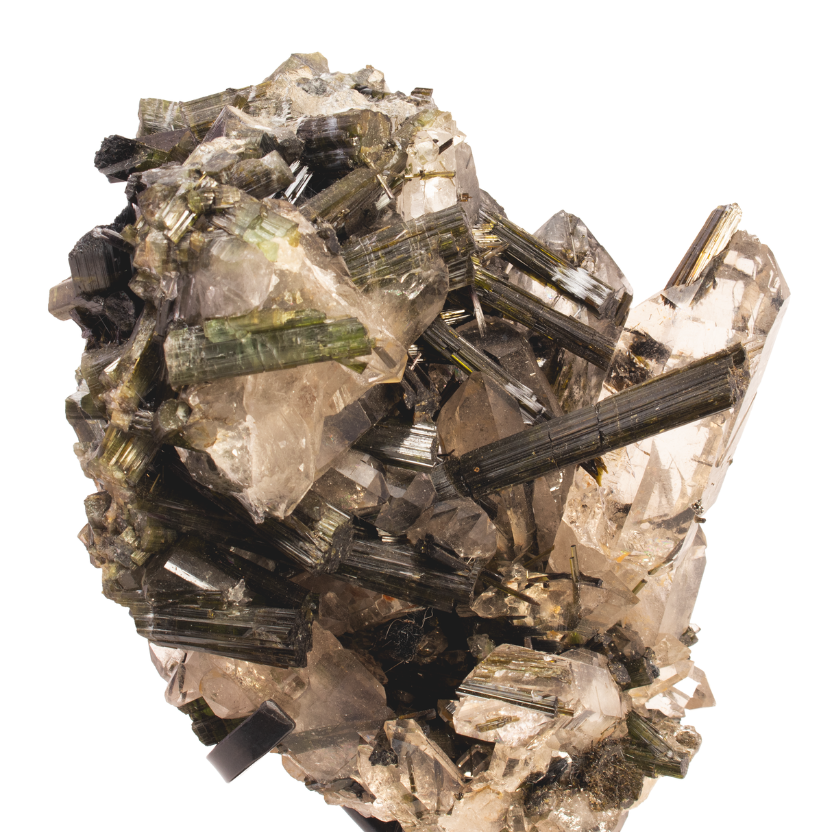 A++ Grade Green Tourmaine Crystal In Clear Quartz Cluster Specimen In Custom Rotating Stand - Layered Square Round Design