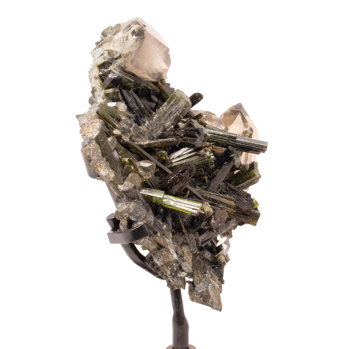 A++ Grade Green Tourmaine Crystal Cluster With Quartz Crystals In Custom Rotating Stand - Layered Square Round Design