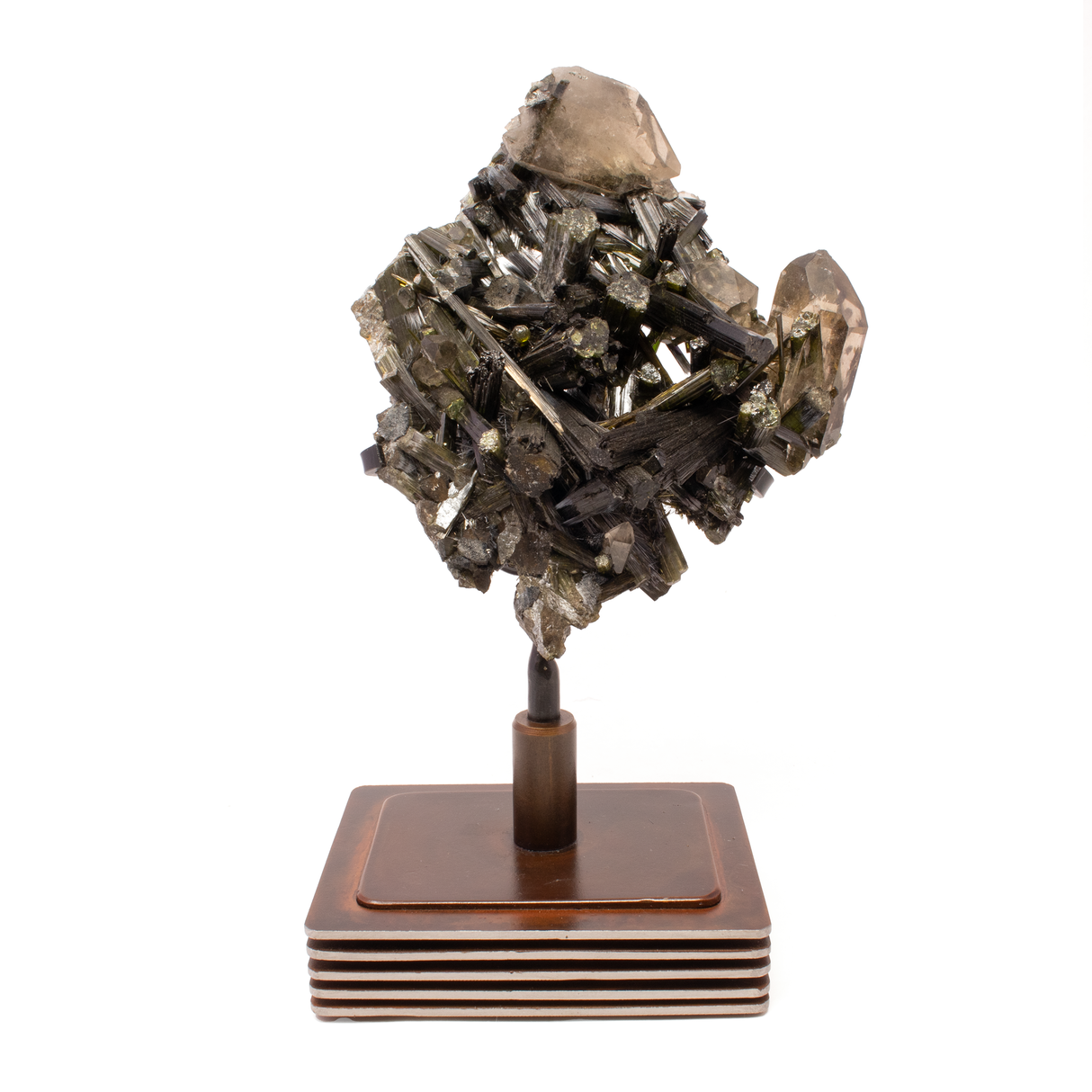 View of A++ Grade Green Tourmaine Crystal Cluster With Quartz Crystals In Custom Rotating Stand - Layered Square Round Design