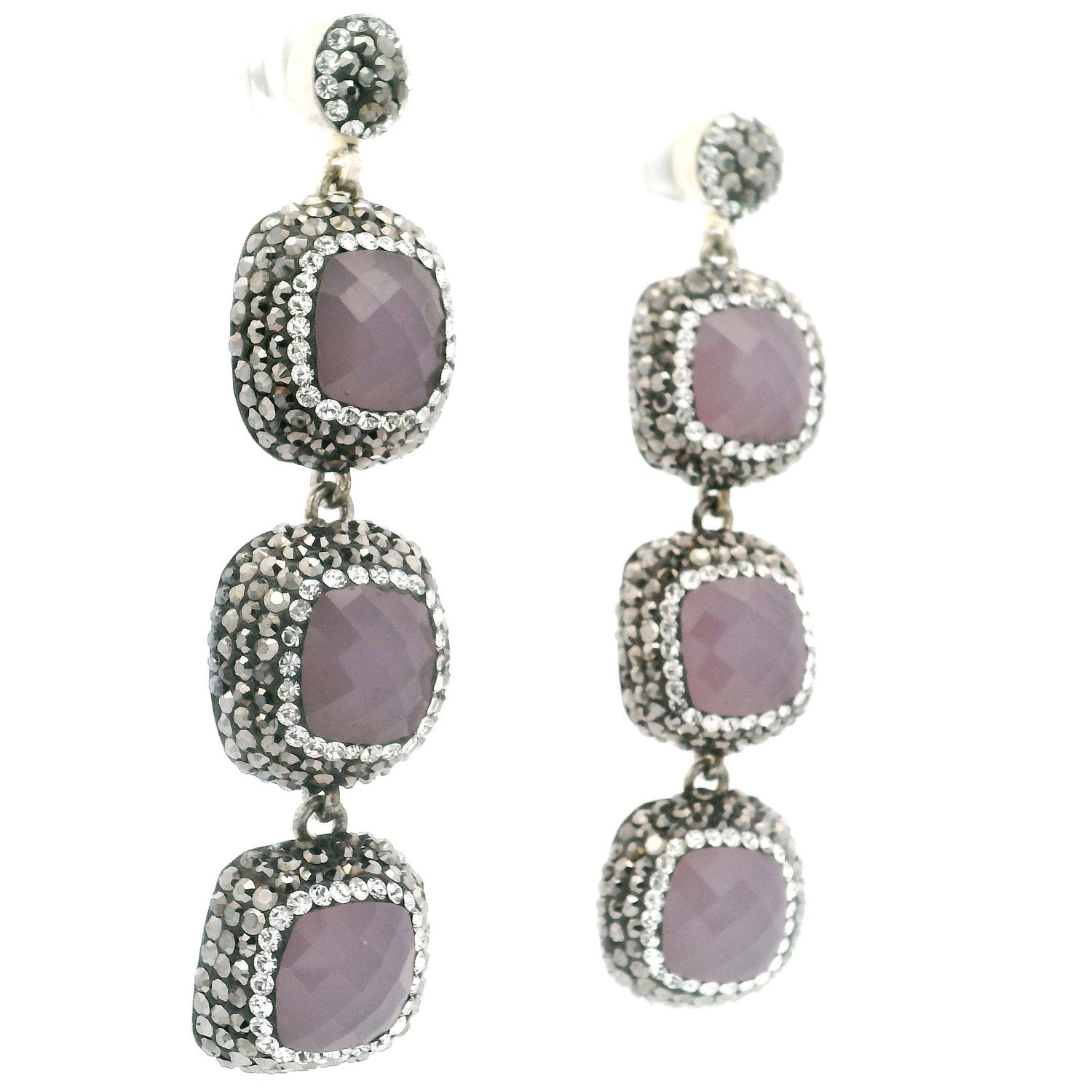 Rose Quartz Dangle Earrings - 3 Faceted Rounded Squares with Marcasite & Silver Swarovski Crystals in 925 Sterling Silver