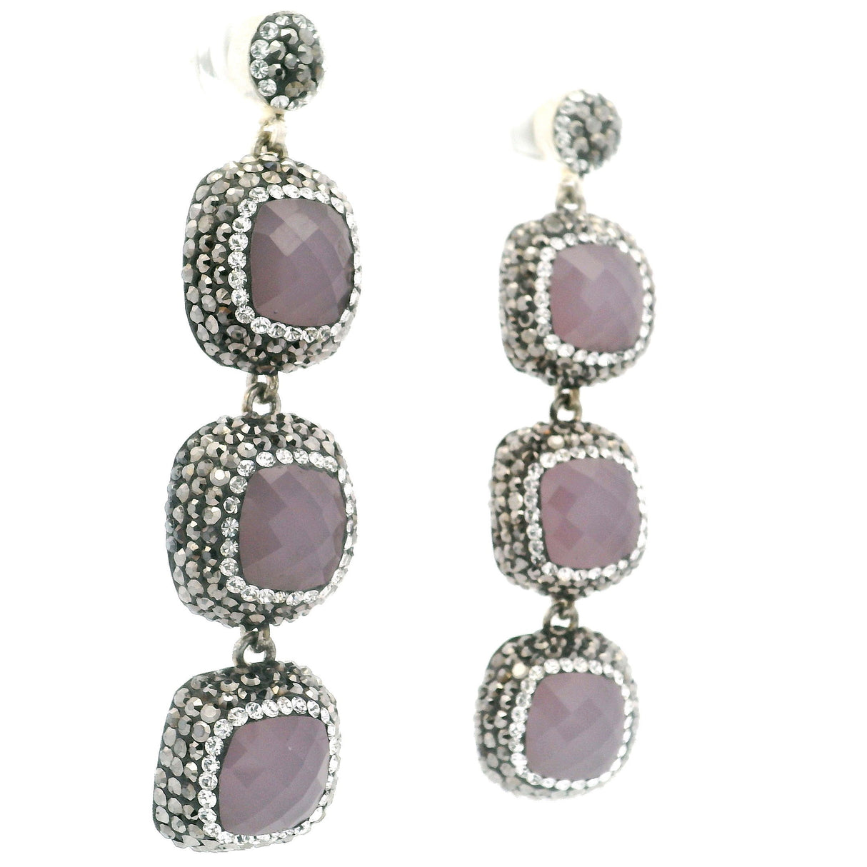 Rose Quartz Dangle Earrings - 3 Faceted Rounded Squares with Marcasite & Silver Swarovski Crystals in 925 Sterling Silver