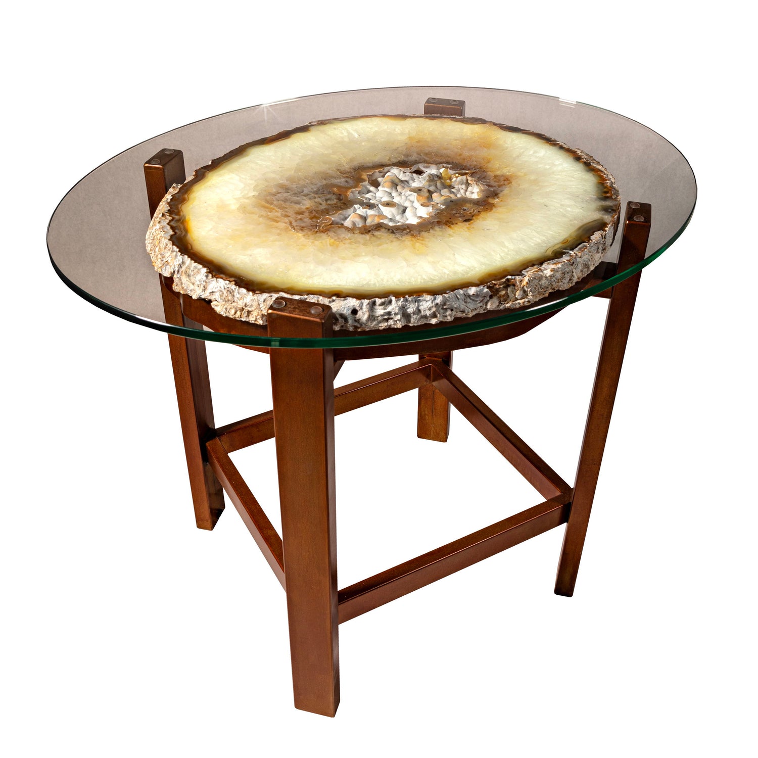 View of Illuminated Agate Coffee Table with White Agate Interior and Camel Brown Edge and Glass Top