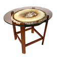 View of Illuminated Agate Coffee Table with White Agate Interior and Camel Brown Edge and Glass Top