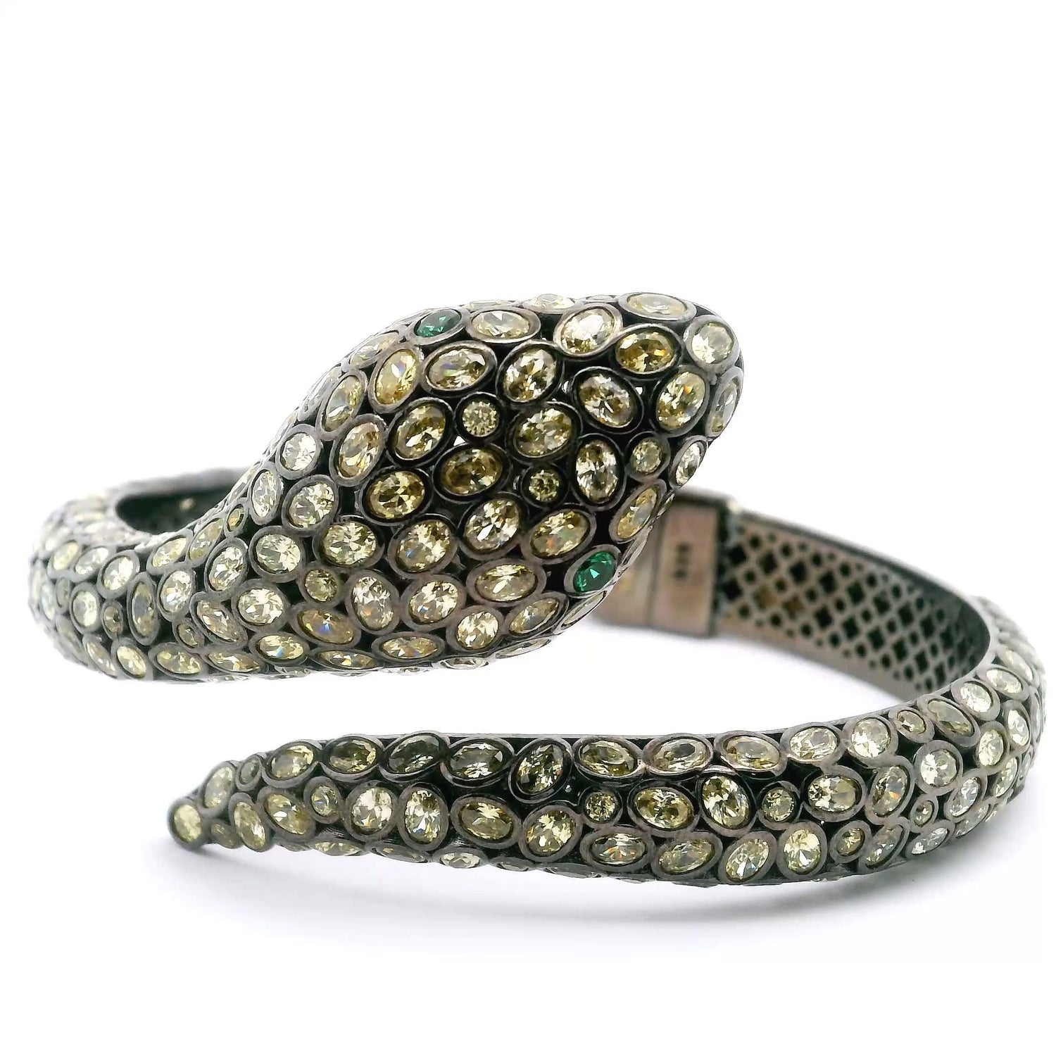 Nano Stone Hinged Bracelet - Wrap-Around Light Green Snake with Green Eye & Dark Overlay over 925 Sterling Silver