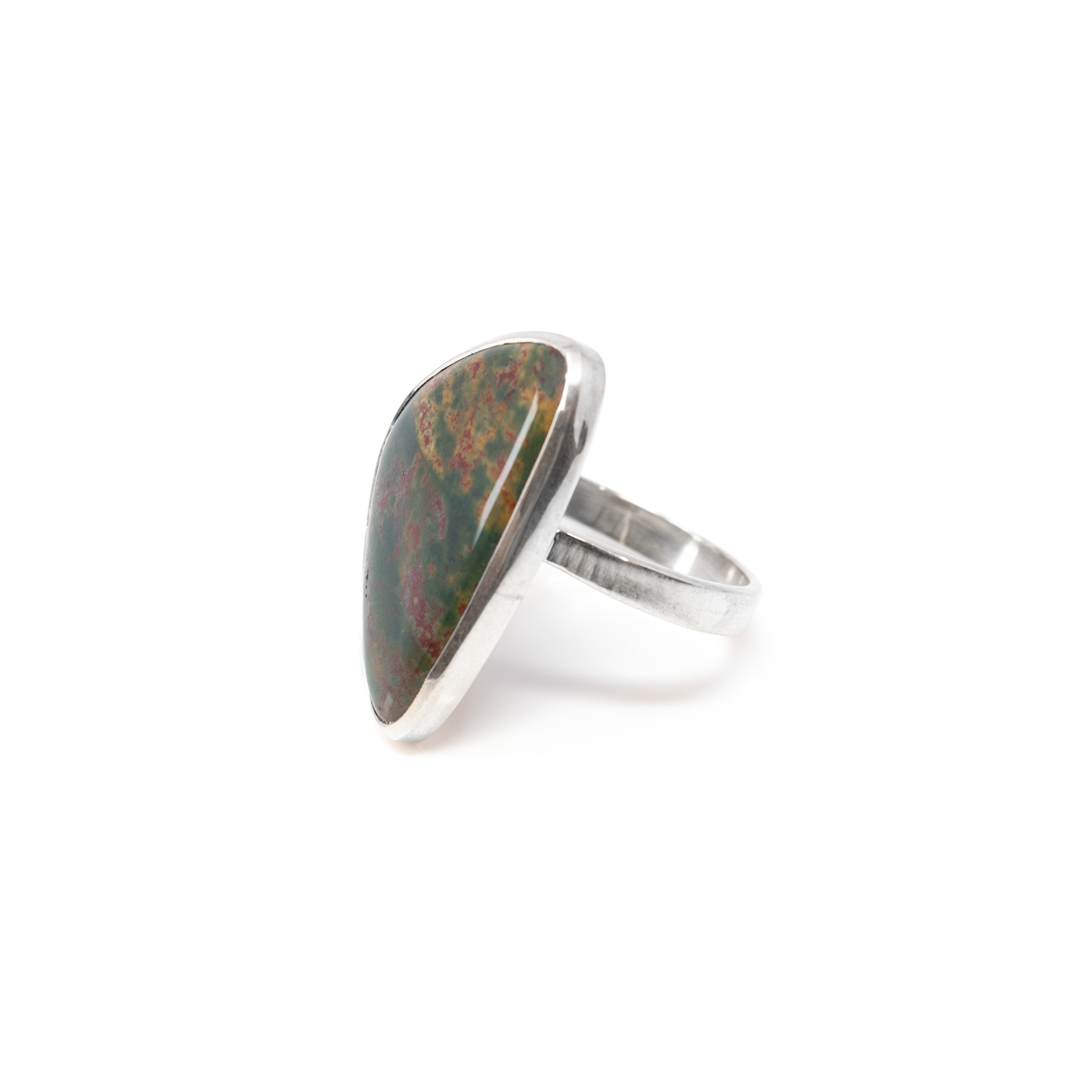 Bloodstone Ring - Freeform Cabochon With Simple 925 Sterling Silver Bezel - Forest Green With Red & Yellow Speckles Sz13