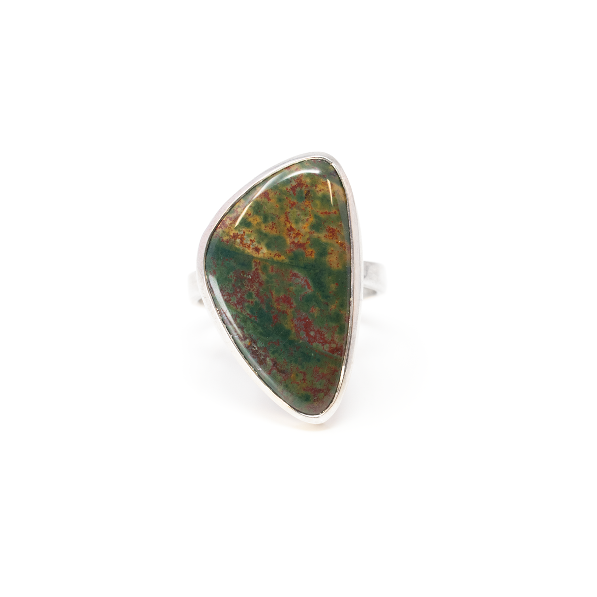 View of Bloodstone Ring - Freeform Cabochon With Simple 925 Sterling Silver Bezel - Forest Green With Red & Yellow Speckles Sz13