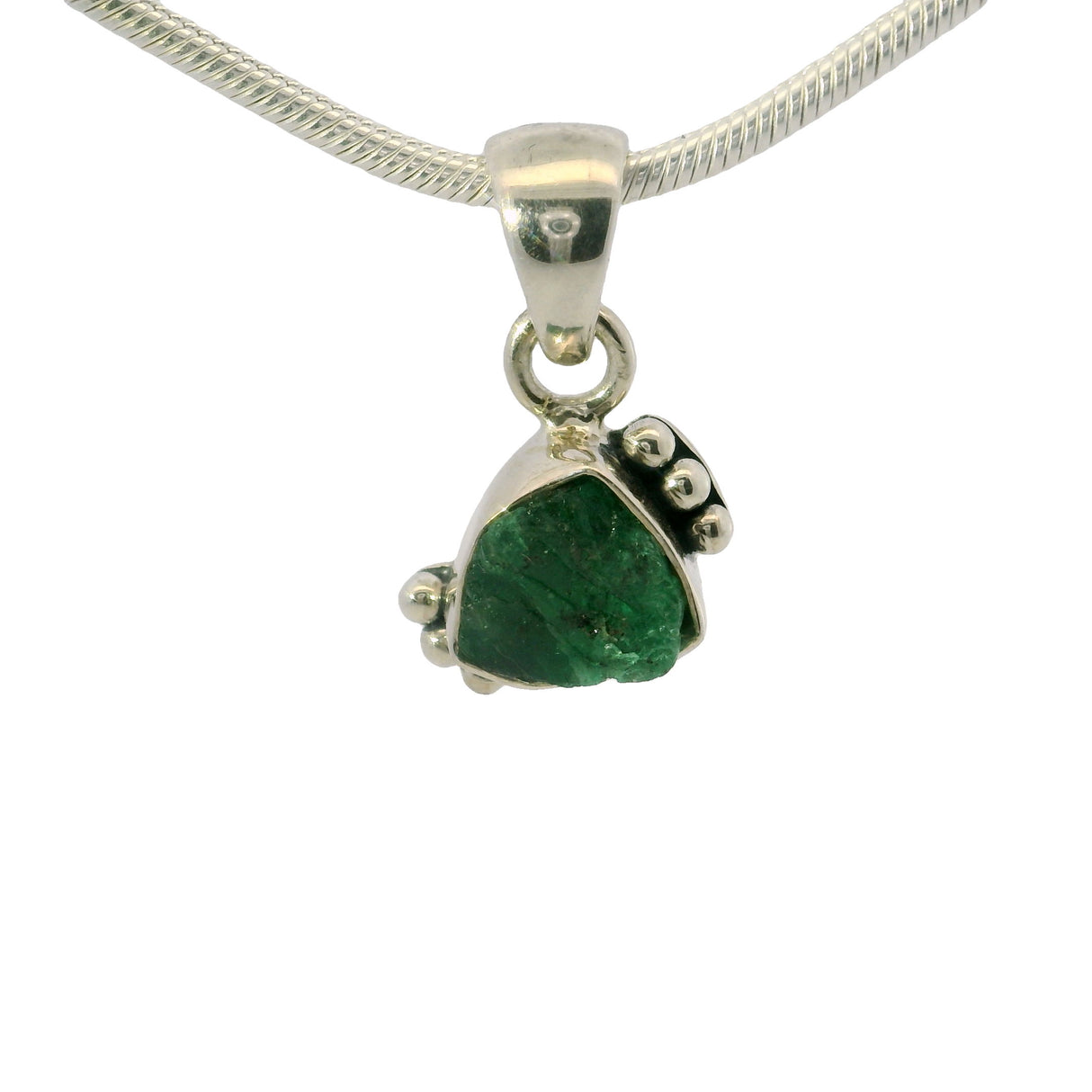View of Emerald Pendant - Rough Freeform With 925 Sterling Silver Bezel & Beading On Side