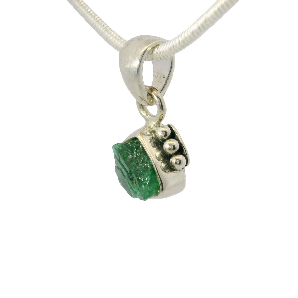 Emerald Pendant - Rough Freeform With 925 Sterling Silver Bezel & Beading On Side