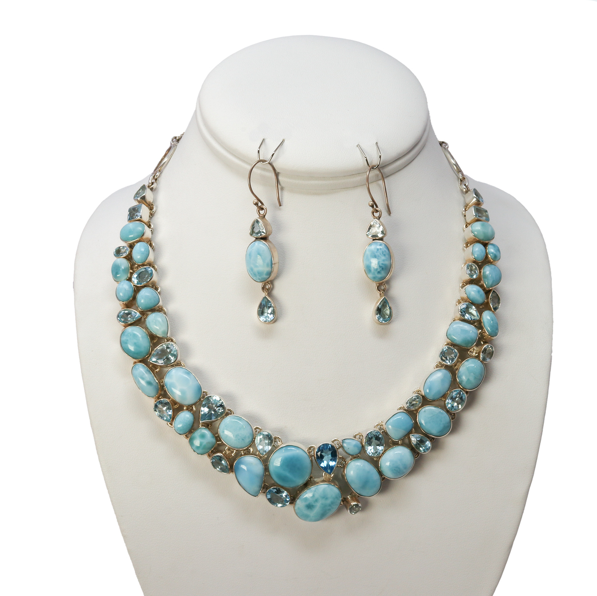 View of Larimar Set - Necklace With Dangle Earrings - Geometric Cabochon Matrix With Faceted Blue Topaz