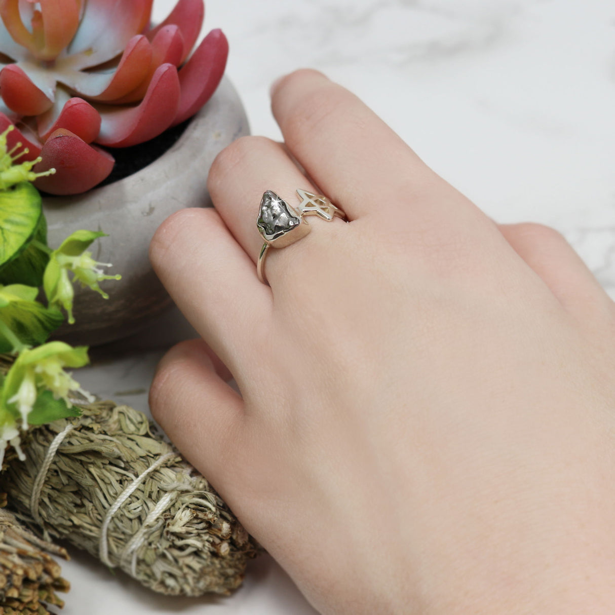 Campo De Cielo Meteorite Ring - Rough Freeform with 925 Sterling Silver Bezel & Star on Band Sz7