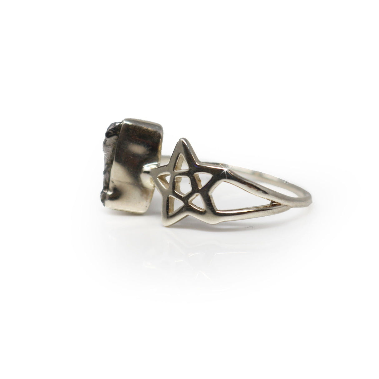 Campo De Cielo Meteorite Ring - Rough Freeform with 925 Sterling Silver Bezel & Star on Band Sz7
