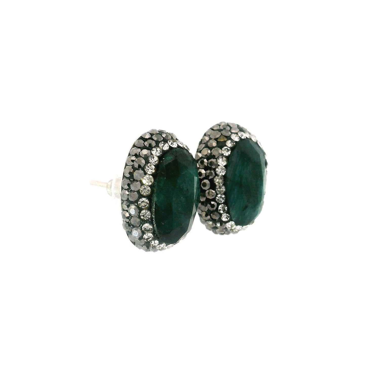 Emerald Stud Earrings - Faceted Oval with Marcasite & Silver Swarovski Crystals in 925 Sterling Silver