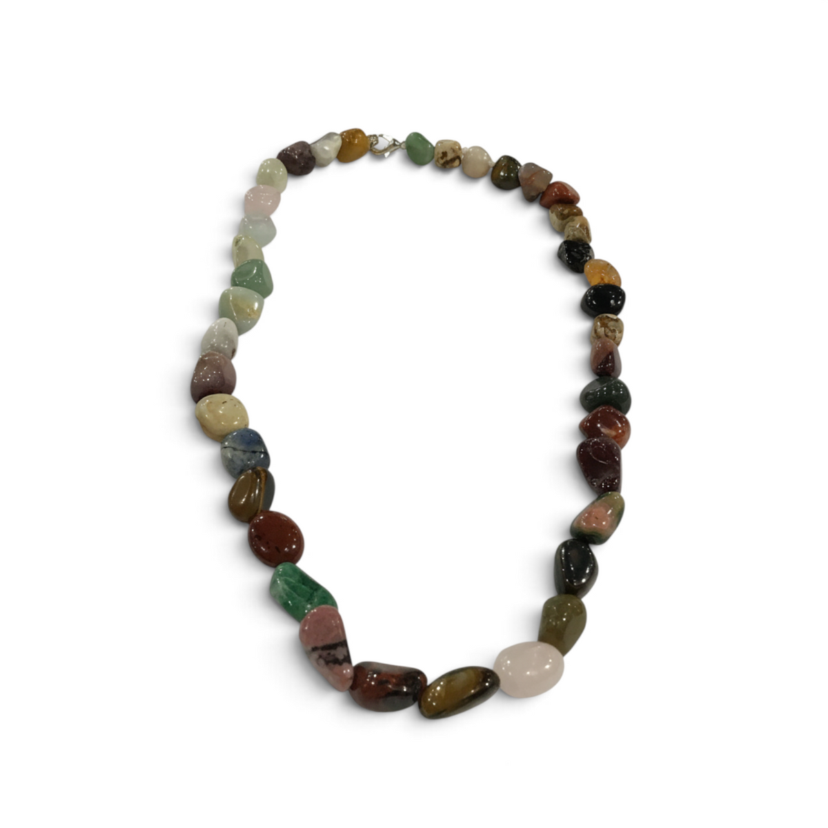 Rare Earth Gallery necklace featuring a variety of polished, multi-colored tumbled gemstones on a silver clasp.