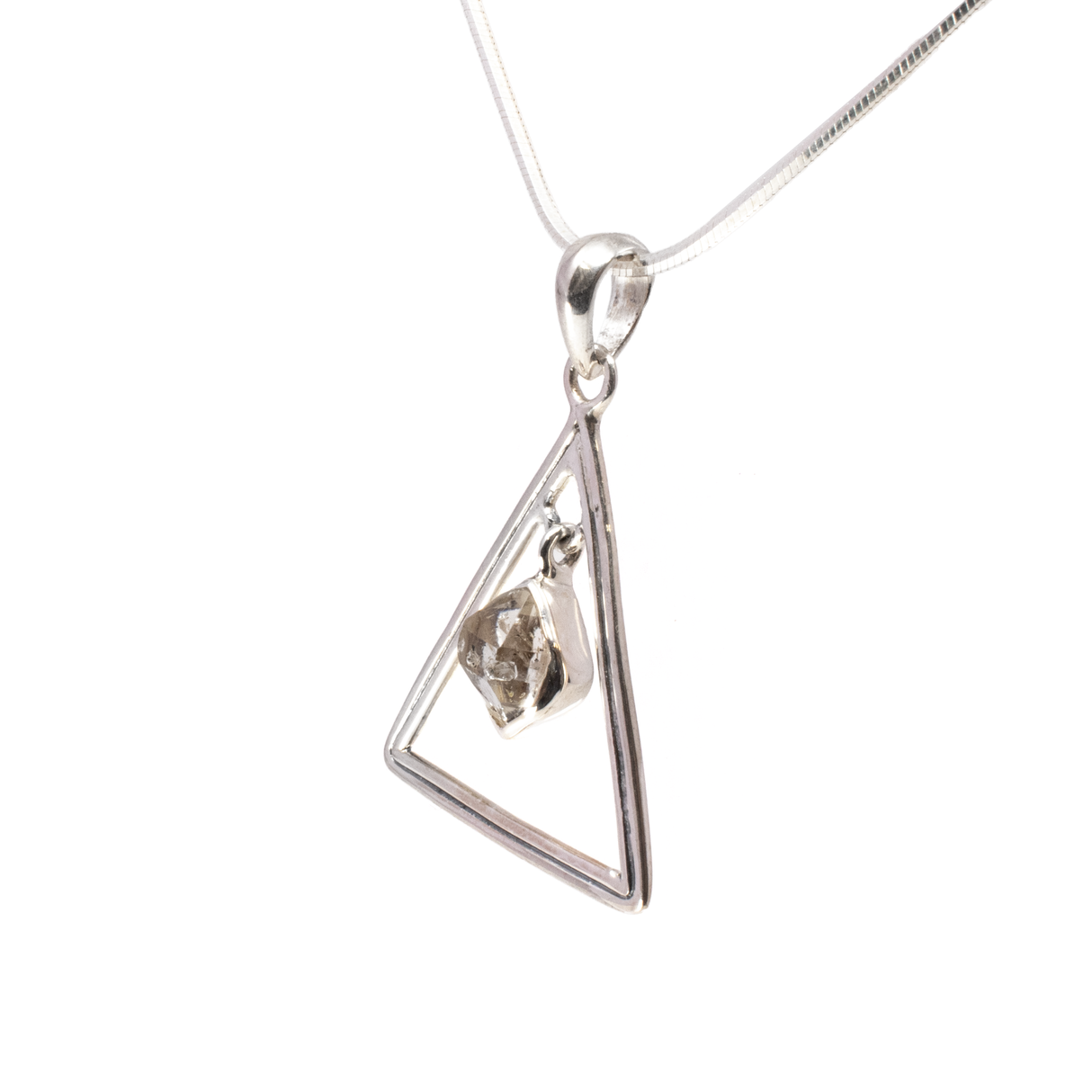 Herkimer Diamond Pendant - Faceted Freeform Set In Center Of 925 Sterling Silver Triangle