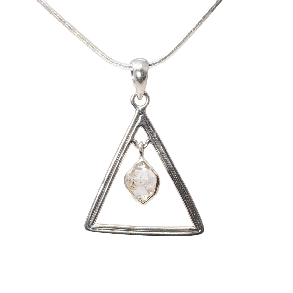 View of Herkimer Diamond Pendant - Faceted Freeform Set In Center Of 925 Sterling Silver Triangle