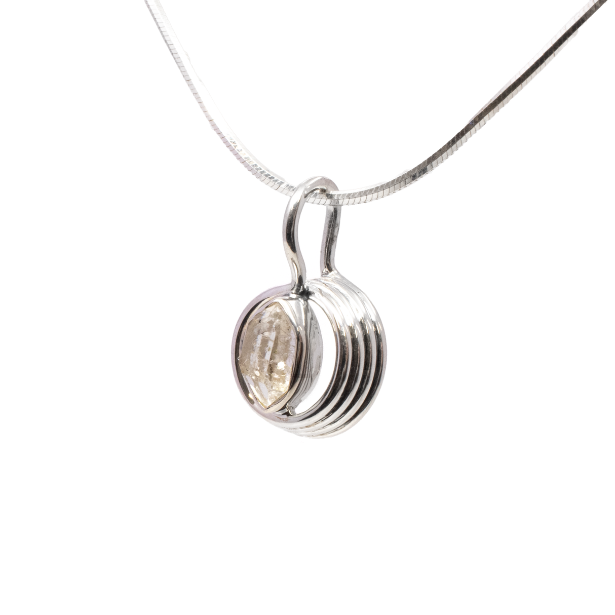 Herkimer Diamond Pendant - Faceted Freeform With 925 Sterling Silver Bezel Set On Tall Spiral