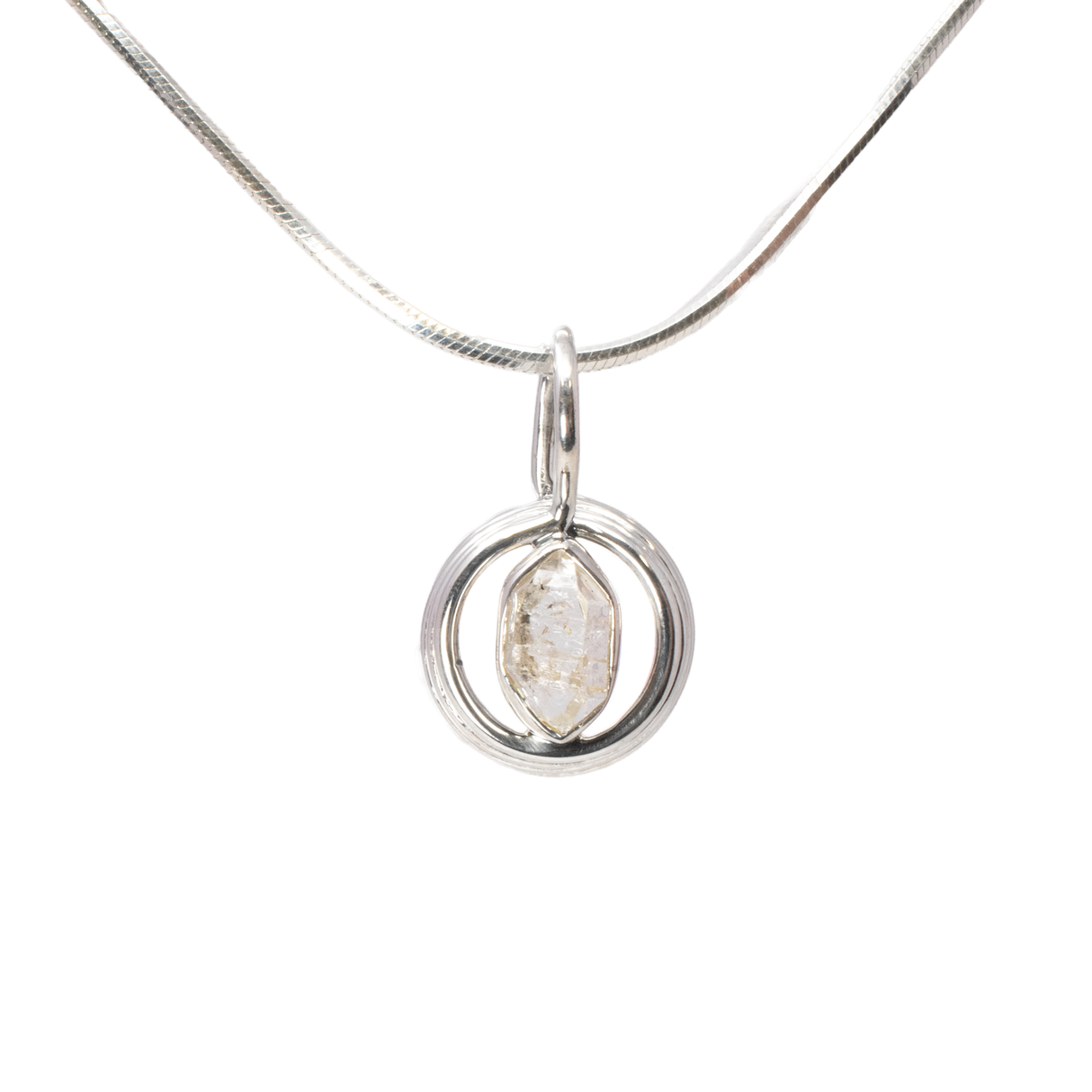 View of Herkimer Diamond Pendant - Faceted Freeform With 925 Sterling Silver Bezel Set On Tall Spiral