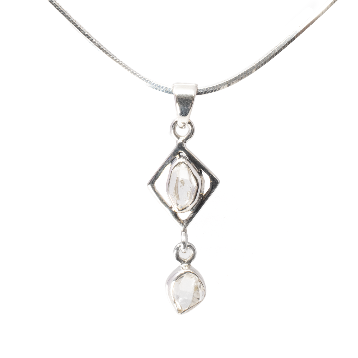 Herkimer Diamond Pendant - Faceted Freeform Set In 925 Sterling Silver Rhombus With Dangling Faceted Freeform Below