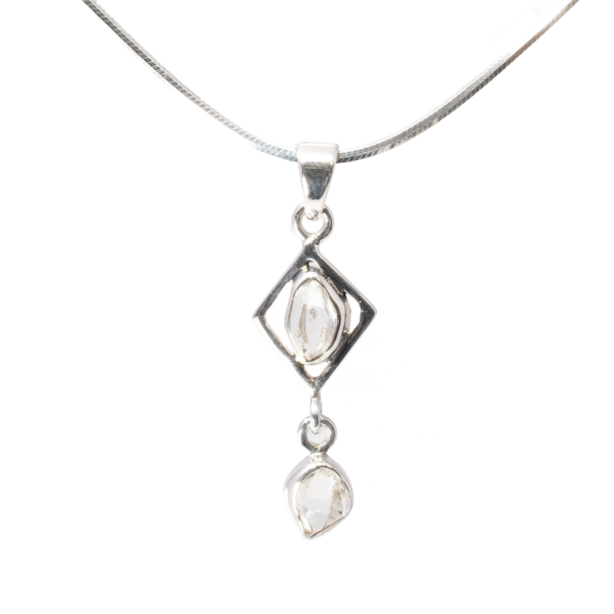 Herkimer Diamond Pendant - Faceted Freeform Set In 925 Sterling Silver Rhombus With Dangling Faceted Freeform Below