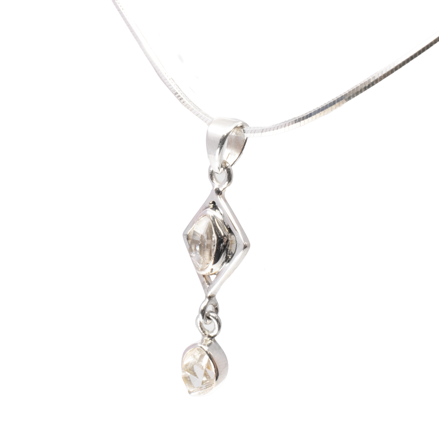View of Herkimer Diamond Pendant - Faceted Freeform Set In 925 Sterling Silver Rhombus With Dangling Faceted Freeform Below