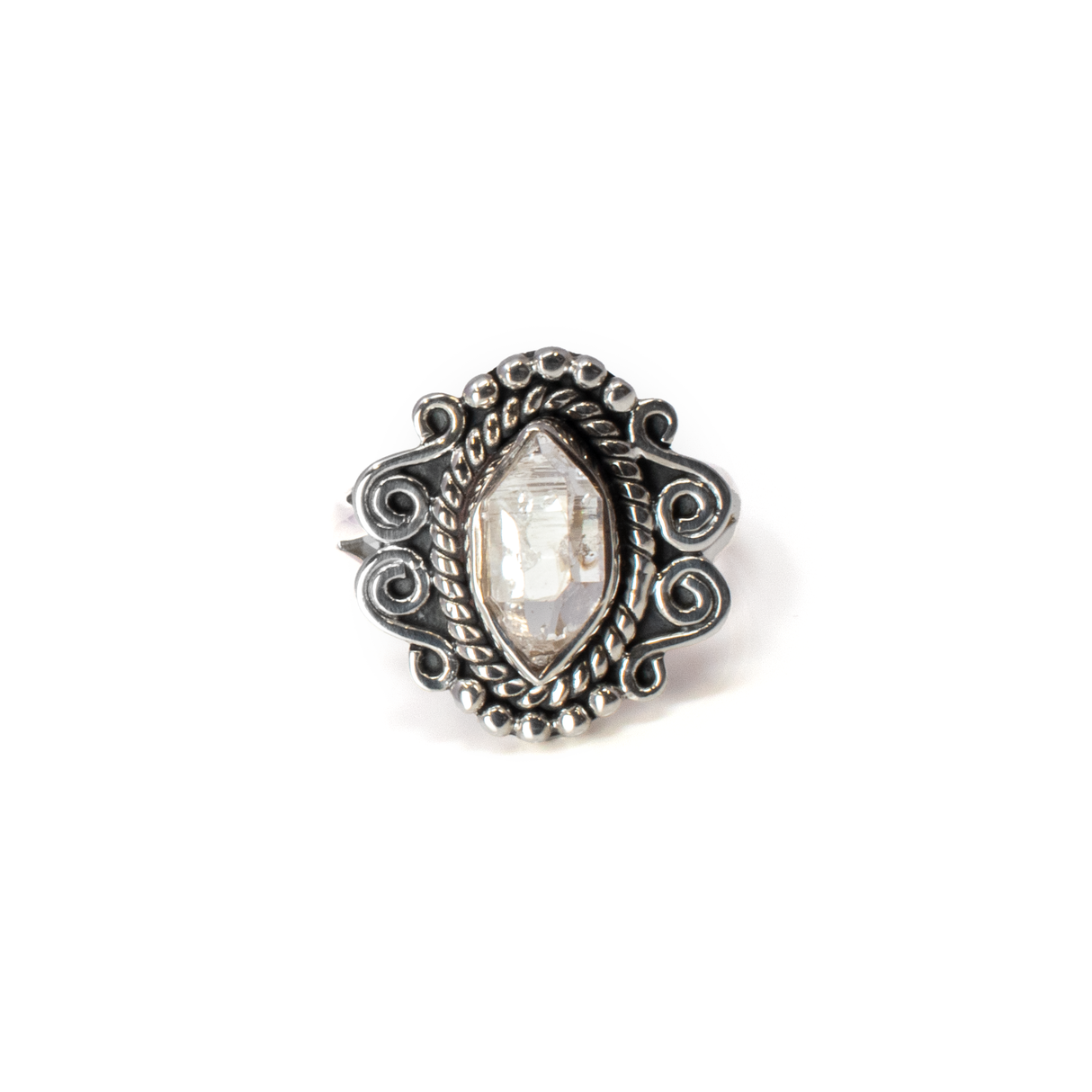 View of Herkimer Diamond Ring - Faceted Freeform With 925 Sterling Silver Rope Bezel & Beading On Top With Filigree On Sides Sz7