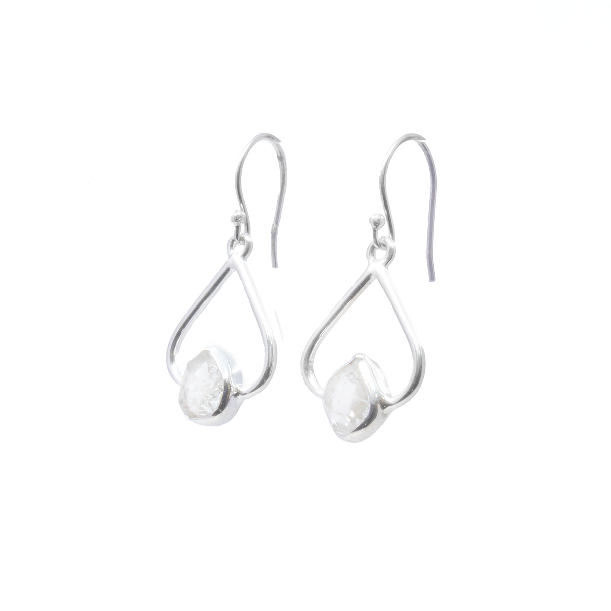 Herkimer Diamond Dangle Earrings - Freeform Set In 925 Sterling Silver Open Loop
