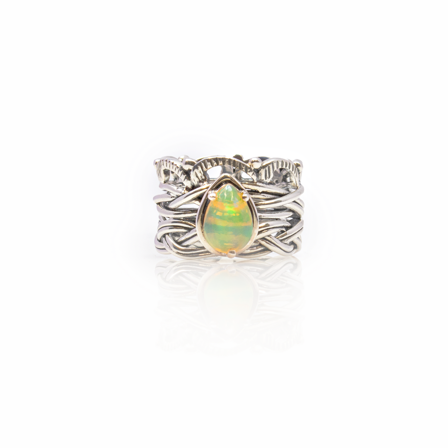 Ethiopian Opal Ring - Pear Cabochon Prong Set On 925 Sterling Silver Bezel With Braided & Vine Design Sz9