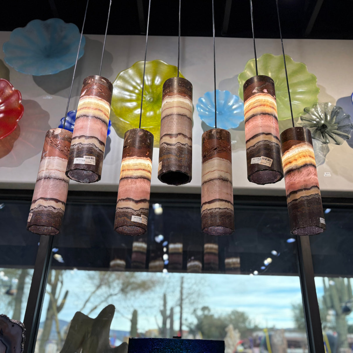 Pink Onyx Pendant Light with Black Line & Hardware - Set of 7 with Custom Canopy