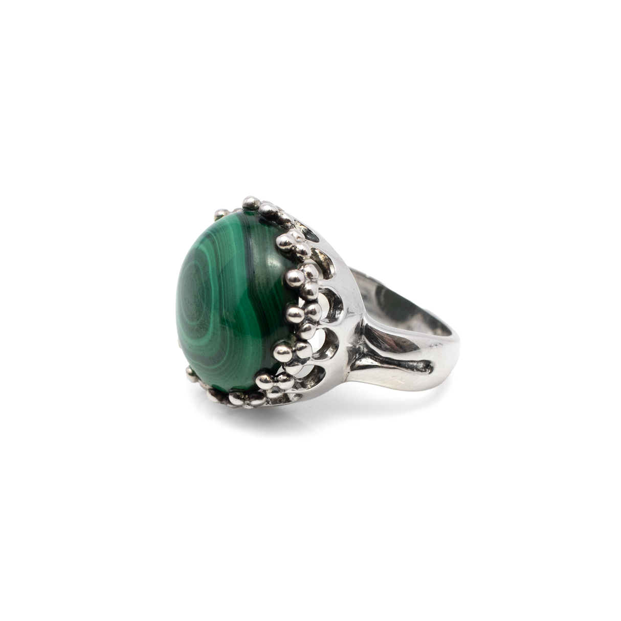 Malachite Ring - Round Cabochon Set In 925 Sterling Silver Crown Bezel Sz8