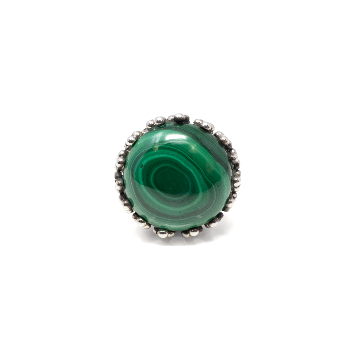 View of Malachite Ring - Round Cabochon Set In 925 Sterling Silver Crown Bezel Sz8