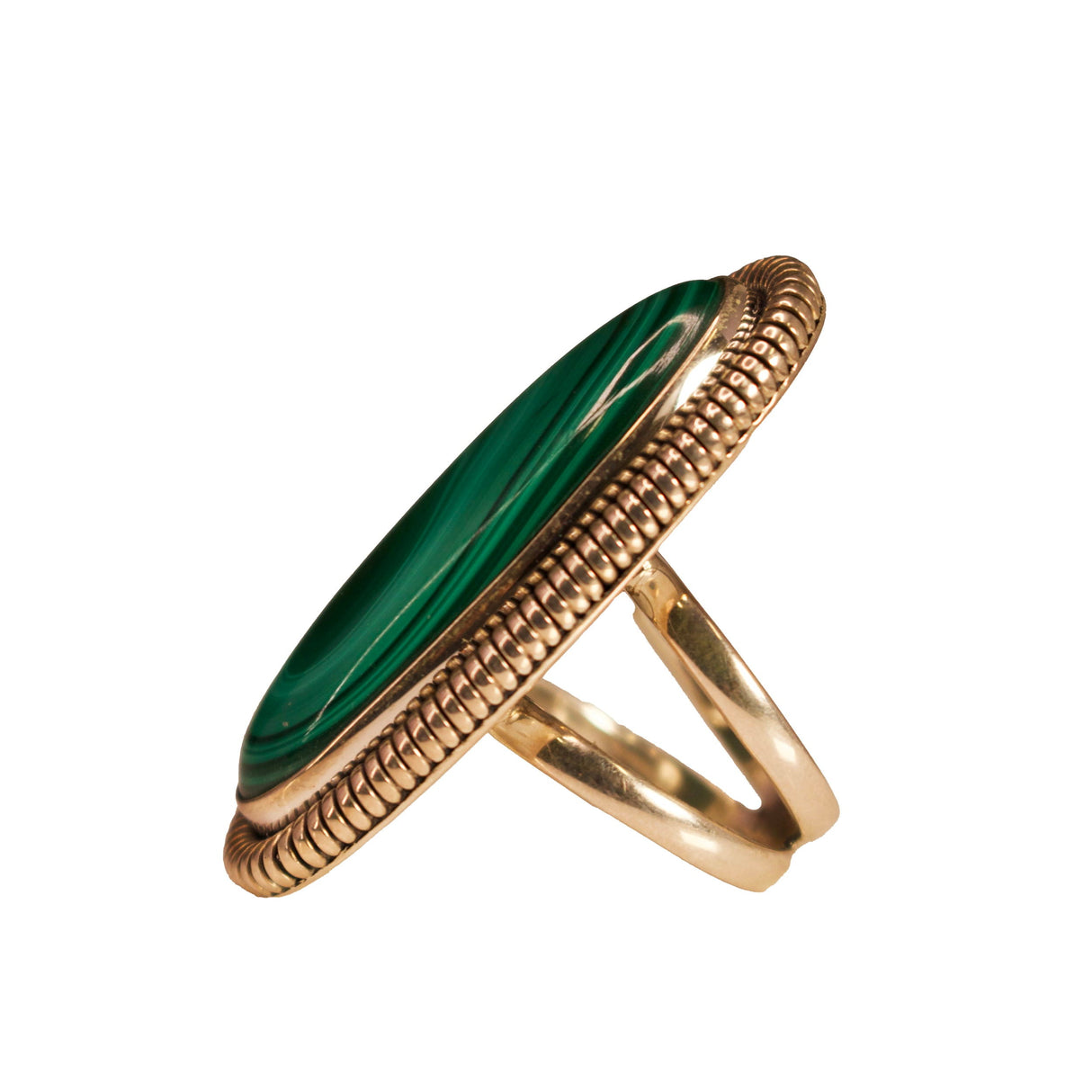 Malachite Ring - Elongated Oval Cabochon With 925 Sterling Silver Rope Bezel Edge On Double Band Sz6